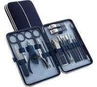 Juegos de cortauñas, Juego profesional de cortaúñas acero inoxidable, kit manicura y pedicura for hombres mujeres con estuche viaje cuero azul