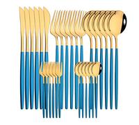 Juegos De Cubertería Juego De Vajilla Con Espejo Cubiertos De Acero Inoxidable Cuchillo Tenedor Cuchara Servicio Para 6 30Uds. Azul Y Dorado