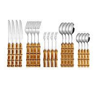 Juegos De Cubertería Juego De Vajilla De Bambú Vajilla Retro Con Mango Natural De Acero Inoxidable Cuchillos Para Carne Tenedor De Mesa Cuchara 20Uds.