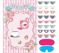 Juegos de fiesta de té para niñas, juego de fiesta de taza de té en el platillo para niños, decoración de fiesta de cumpleaños, suministros de fiesta de cumpleaños de princesa rosa, póster grande de