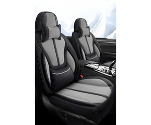 Juegos de funda de asiento Juego De Fundas Asiento Coche Cuero PU Con Soporte Lumbar Incorporado + 2 Para Reposacabezas + 1 Funda Para Volante Cómoda Fundas para Asientos(Black Gray)