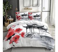 Juegos de Fundas Nórdicas Pabellón de Arquitectura Tradicional Funda Nórdica Estampada Flores Rojas florecientes 220 x 240 cm Fundas Nórdicas Juego de Cama sin Plancha