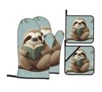 Juegos De Guantes De Horno De 4 Piezas Lindo Libro De Caña con Animales Manoplas Horno Lavable Forro De Algodón Juego De Manoplas Y Soportes para Ollas, para Cocinar, Hornear, Barbacoas