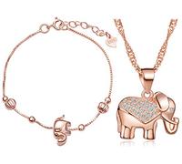 Juegos de Joyas Yumilok Oro Rosa Plata de ley 925 circonita elefante Charm Collar Joyas Set pulsera de cadena & Cadena con colgante Set para mujer Chica