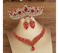 Juegos de joyería de cabello Tiaras para mujeres Juegos de joyería de novia de cristal Barroque Diadema de boda Dubai Joya de joyas Tiaras y coronas (Color: 3 piezas Set rojo)