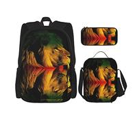Juegos de mochilas escolares 3 piezas Estudiantes Adolescentes (Rasta Lion KIng of Jamaica Reggae) Bolsa de libros + Bolsa de almuerzo + Estuche de lápices Mochila linda Trabajo universitario Gimnas