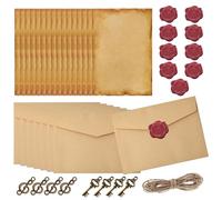 Juegos de Papel de Papelería Vintage, Juego de Papel Sobres Vintage con 8 sobres vintage, 16 papel de carta, 10 sellos de cera, 8 Accesorios y una Cuerda Fina de 10 Metros, para Invitaciones, Tarjetas