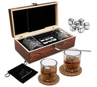 Juegos de Regalo de Whisky para Hombres, Juego de Vasos de Whisky con 6 Cubitos de Hielo Reutilizables de Acero Inoxidable, 2 Posavasos clásicos, Cuchara mezcladora, Bolsa de Terciopelo.