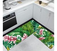 Juegos De Tapetes De Cocina Flor De Jengibre Hoja De Plátano 2 Piezas, Tapetes Planta Tropical Fresca Lavables Resistente Al Aceite Suave Para Pasillo, Comedor Y Entrada, Verde 50x80cm+50x150cm
