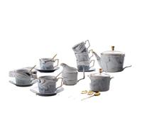 Juegos de té de cerámica Juego de 21 piezas de té de porcelana for adultos con diseño de mármol, cúspide y platillos de café, servicio de té for adultos con azucarero, jarra de leche y cucharas(Grey)