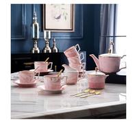 Juegos de té de cerámica Juego de 21 piezas de té de porcelana for adultos con diseño de mármol, cúspide y platillos de café, servicio de té for adultos con azucarero, jarra de leche y cucharas(Pink)