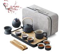 Juegos de té japoneses juegos de té chinos, juegos de té Kung fu, 14 juegos portátiles de teteras de cerámica negra, con 6 tazas de té y paletas, juegos de té de porcelana vidriada para amantes del té