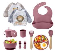 Juegos de Vajilla Bebe,Juego de 12 Piezas Platos Bebe con Ventosa, Cubiertos Bebe,Baby Led Weaning,Cubiertos Infantiles,Cuchara Bebe,Babero Silicona Bebe,Plato de Silicón Antideslizante Sin BPA