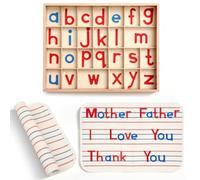 Juexica Letras Montessori Letras movibles Alfabeto de madera con caja y tapete grande, pequeñas bandejas de madera Montessori, materiales de aprendizaje de ortografía preescolar, rojo, azul (letras
