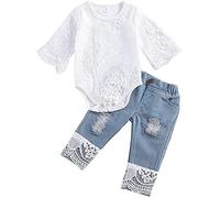 Juflam ropa de bebé recién nacida bordada encaje encaje con capucha abierta jeans pantalones vaqueros conjuntos de niños pequeños (0-6 meses, Manga larga)