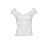 Jugaoge Camisa de manga corta para mujer, con encaje floral, blusas cortas que realzan la figura, con botones, camisa de negocios, mujer de negocios, oficina, ropa, Blanco, L