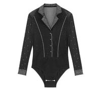 Jugaoge Camisa de manga larga para hombre, body de baile latino con malla brillante, empalme patinaje artístico, leotardo para hombre, ropa de baile de una pieza, Negro , 3XL