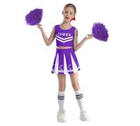 Jugaoge Disfraz de animadora para niña, a rayas, top y falda plisada con flores de las manos, medias deportivas, ropa de baile, juego de 4 unidades, Halloween, cosplay, color violeta, 110-116