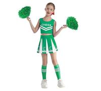 Jugaoge Disfraz de animadora para niña, a rayas, top y falda plisada con flores de mano, medias deportivas, ropa de baile, juego de 4 unidades, Halloween, cosplay, color verde, 98-104