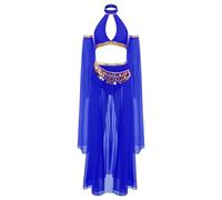Jugaoge Disfraz de danza del vientre para mujer, con cuello halter y falda con guantes de malla, mangas de campana, ropa de danza de princesa, azul real, M
