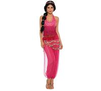 Jugaoge Disfraz de danza del vientre para mujer, con lentejuelas, top y pantalones largos de baile con monedas, pañuelo en la cadera, princesa india, juego de ropa, rosa caliente, XL