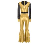 Jugaoge Mono brillante para mujer, de malla, con mangas abullonadas, con pantalones acampanados, vintage, años 70, discoteca, hippie, dorado, XXL