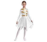 Jugaoge Niñas alabanza Adoración Vestido de Baile Manga Larga Rayas Metálicas Vestido de Fiesta Asimétrico Túnica Vestido Iglesia Litúrgica Trajes, Blanco, 134-140