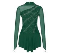 Jugaoge Vestido de mujer con lentejuelas para patinaje sobre hielo de manga larga con cuello redondo de malla. Traje de ballet y malla con falda tutú y ropa de baile de deslizamiento, verde, XL