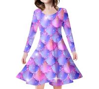 Jugaoge Vestido de sirena para niña, manga larga, cuello redondo, vestido de fiesta, escamas de pescado, camiseta con falda acampanada, para niños, Halloween, cosplay, morado, 104-110