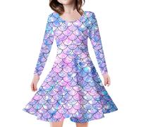 Jugaoge Vestido de sirena para niña, manga larga, cuello redondo, vestido de fiesta, escamas de pescado, camiseta con falda acampanada, para niños, Halloween, cosplay, azul, 140-158