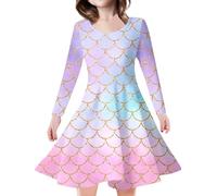 Jugaoge Vestido de sirena para niña, manga larga, cuello redondo, vestido de fiesta, escamas de pescado, camiseta con falda acampanada, para niños, Halloween, cosplay, Rosa A, 140-158
