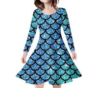 Jugaoge Vestido de sirena para niña, manga larga, cuello redondo, vestido de fiesta, escamas de pescado, camiseta con falda acampanada, para niños, Halloween, cosplay, verde, 116-122