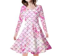 Jugaoge Vestido de sirena para niña, manga larga, cuello redondo, vestido de fiesta, escamas de pescado, camiseta con falda acampanada, para niños, Halloween, cosplay, Rosa B., 116-122