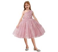Jugaoge Vestido de tutú con un hombro para niña, con purpurina, vestido de tul con una línea A, corto, hasta la rodilla, vestido de fiesta, boda, desfile de dama de honor, Rosa., 130