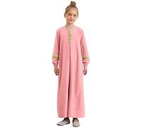 Jugaoge Vestido musulmán de manga larga para niña, caftán islámico de Dubai, túnica, corte holgado, vestido informal básico liso, vestido maxi de encaje, conjuntos de primavera, otoño e invierno, Rosa