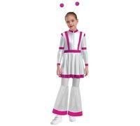 Jugaoge Vestidos de fiesta de piel para niña, metálicos, de manga larga, con falda plisada, calentadores y diadema, traje espacial, cosplay, color rosa caliente, 110-116