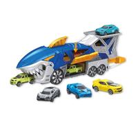 JUGATOYS - Camión Portacoches Tiburón - Transporte de Coches con Diseño de Tiburón, Expulsión y Almacenaje - Incluye 3 Coches de Juguete - Tamaño de 35 cm - Juguete para Niños +3 Años