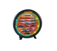 JUGATOYS - Expositor Interactivo para Coches de Juguete - Rueda Portacoches con Luces, Sonidos y 1 Coche - para Colgar en la Pared y Organizador para +15 Coches de Colección - para Niños +3 años