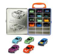 Jugatoys - Set de 12 Coches de Juguete con Retrofricción y Maletín Metálico fácil de Transportar - Vehículos Mini Resistentes y Seguros para Niños y Niñas +3 Años - Juego Portátil de Carreras
