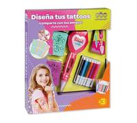 JugaToys - Set de tatuajes temporales - Incluye rotuladores y plantillas - Para niños y niñas a partir de 3 años - Máquina de tatuajes de juguete - Arte corporal - Juego de rol tatuador infantil