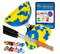 Juggle Dream Jester Diábolo Set para Malabares - Diábolo con Eje de Rodamientos con Palos de Aluminio y Vídeo de Aprendizaje en Línea (Azul/Amarillo)