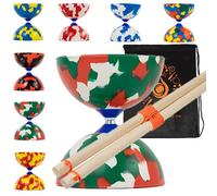 Juggle Dream Juego de diábolos de bufón con palos de madera, juego de diábolos de goma Pro mediano con palos de madera y bolsa de transporte en cascada (rojo, blanco y verde)
