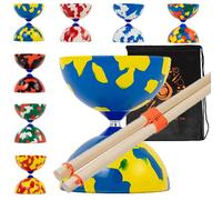 Juggle Dream Juego de diábolos para bufón a partir de 14 años con palos de madera, juego de diábolos de goma Pro mediano con palos de madera y bolsa de transporte en cascada (azul y amarillo)