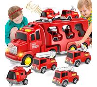 Juguete camión de bomberos 5 en 1 para niños, transportador de fricción con 4 vehículos de bomberos, juguete de 1 2 3 años para niños y niñas con luces y sonidos para niños de 4