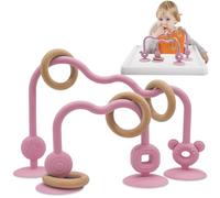 Juguete con ventosa para bebé, trona de silicona Purphy con ventosa con anillo de madera, juguete para bebés a partir de 3 meses Montessori, juguete de motricidad para bebés (rosa)