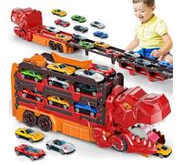 Juguete de dinosaurio para niños y niñas de 2 a 5 años, camión transportador de pista de carreras con 12 coches de juguete, portacoches plegable de 150 cm (59 pulgadas), regalo de cumpleaños para