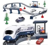 Juguete de ferrocarril eléctrico para niños, tren magnético y andén con efecto de luz de sonido realista, 65 piezas de accesorios para niños, regalo para 3, 4, 5+ años, niños, niñas, azul