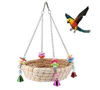 Juguete de Loro de pájaro,Nido de pájaro de Loro, Columpio de Cama de Nido de Paja Tejida a Mano Natural con 4 Campanas de Metal,Columpio para Pájaros,Loro Encaramado