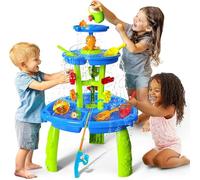 Juguete de playa para niños al aire libre, 3 niveles, arena y mesa de agua con rueda de agua, aspersor y juego de pesca, juguete acuático para exteriores a partir de 3, 4, 5 años, juego completo de 23