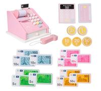 Juguete de simulación de registradora para niños - Juego de cajero de Madera, Juego Educativo para Contar Dinero | Registro Duradero y Colorido con escáner, Tarjeta de crédito, Monedas, Billetes,